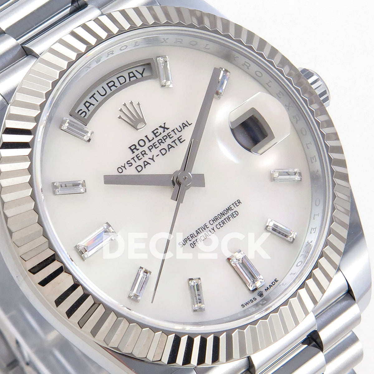 Rolex Day-Date 40 228239 QF White MOP Gem Dial Steel President JH3255 V9 replica - dial angle left