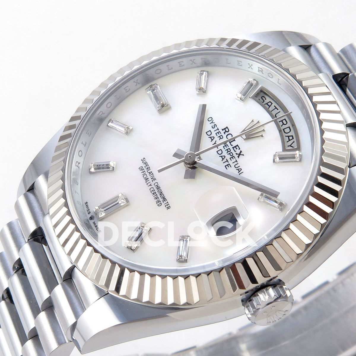 Rolex Day-Date 40 228239 QF White MOP Gem Dial Steel President JH3255 V9 replica - dial angle right