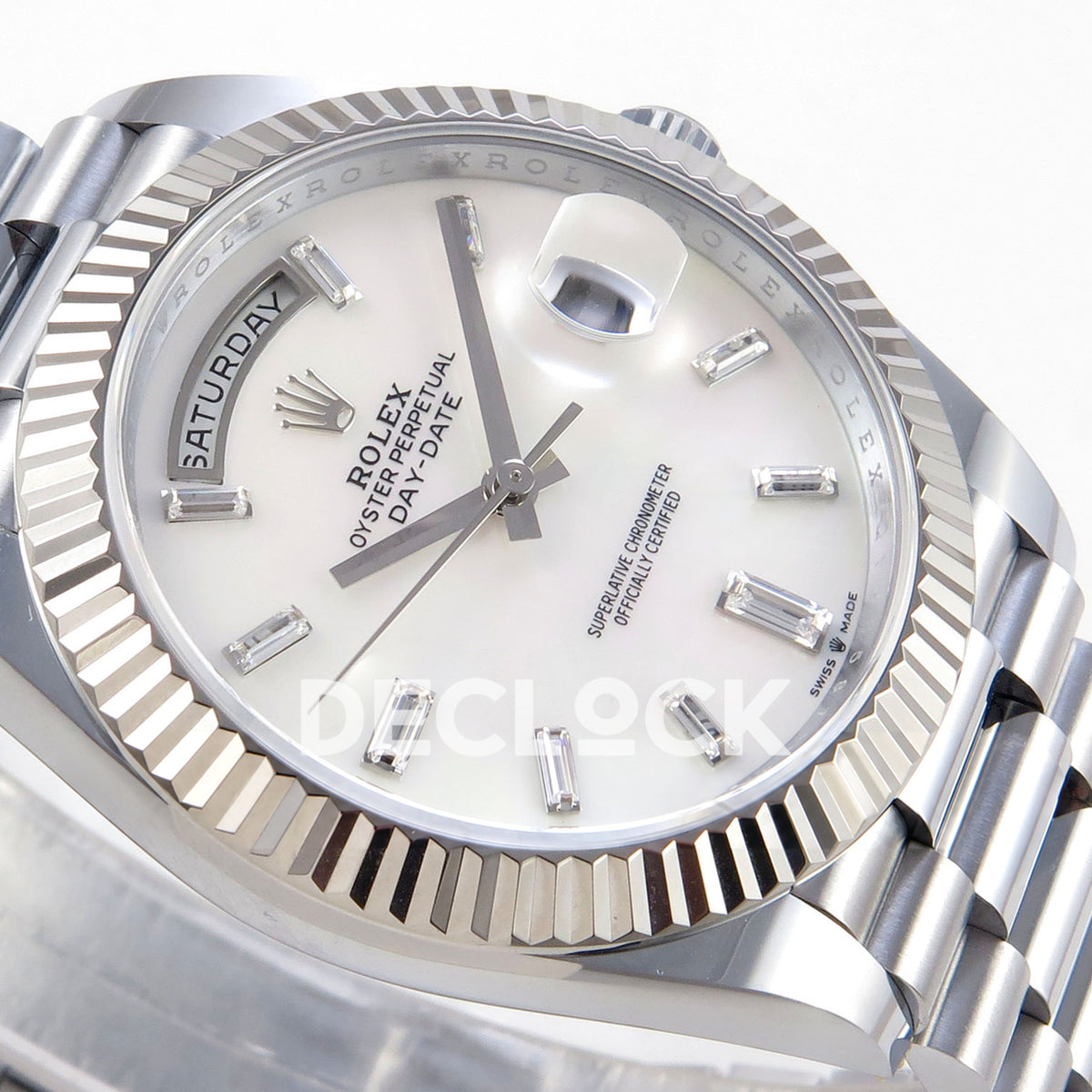 Rolex Day-Date 40 228239 QF White MOP Gem Dial Steel President JH3255 V9 replica - dial side angle