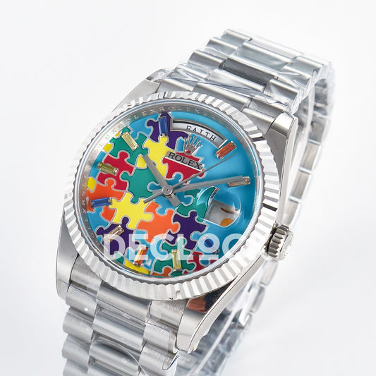 Rolex Day-Date Custom Puzzle 128239 Turquoise QHF A2834 replica - angled front
