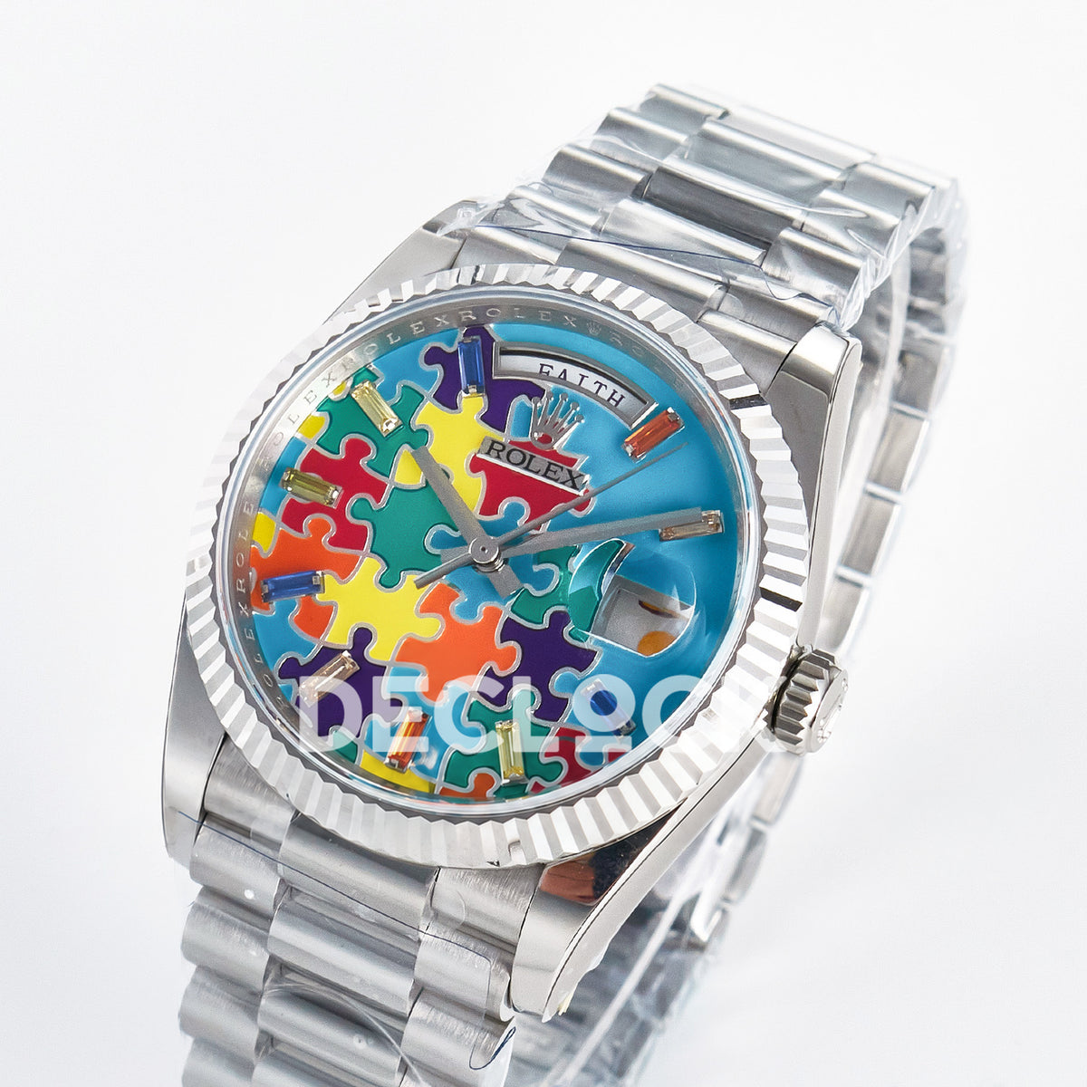 Rolex Day-Date Custom Puzzle 128239 Turquoise QHF A2834 replica - angled front