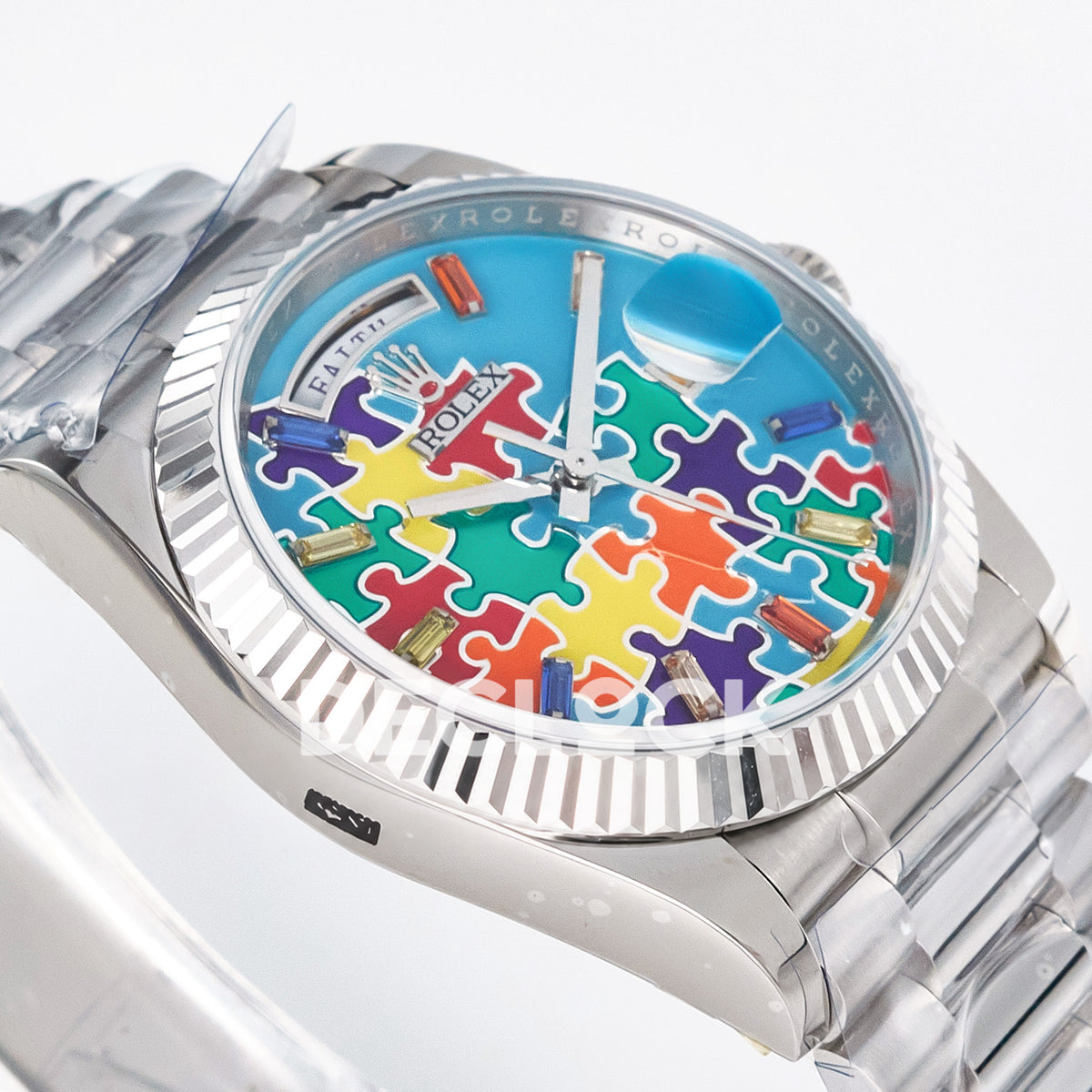 Rolex Day-Date Custom Puzzle 128239 Turquoise QHF A2834 replica - angled left