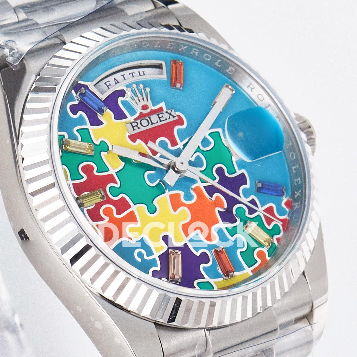 Rolex Day-Date Custom Puzzle 128239 Turquoise QHF A2834 replica - angled right