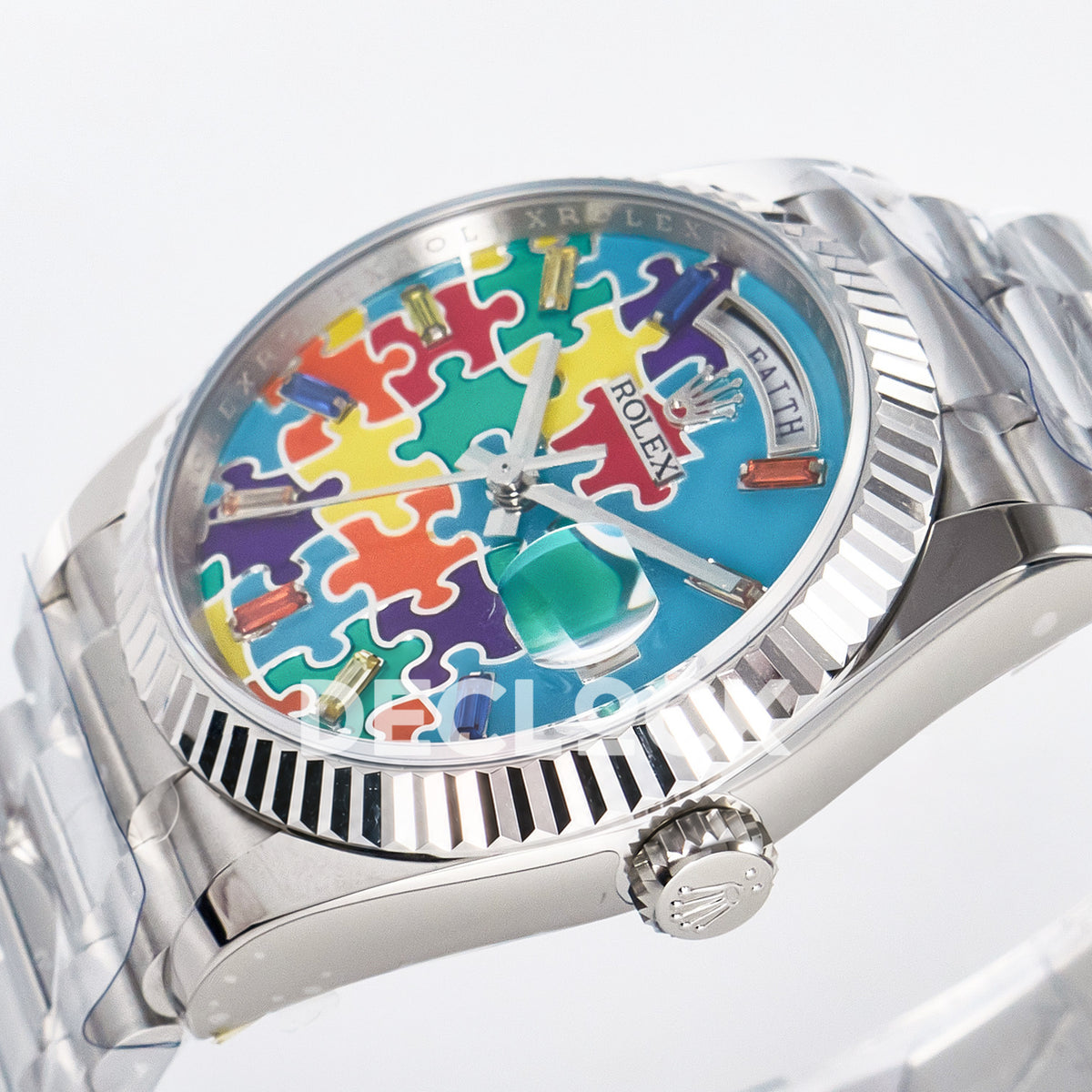 Rolex Day-Date Custom Puzzle 128239 Turquoise QHF A2834 replica - crown side front