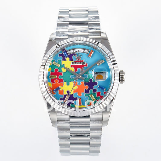 Rolex Day-Date Custom Puzzle 128239 Turquoise QHF A2834 replica - front