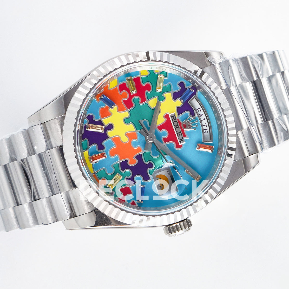 Rolex Day-Date Custom Puzzle 128239 Turquoise QHF A2834 replica - rotated front