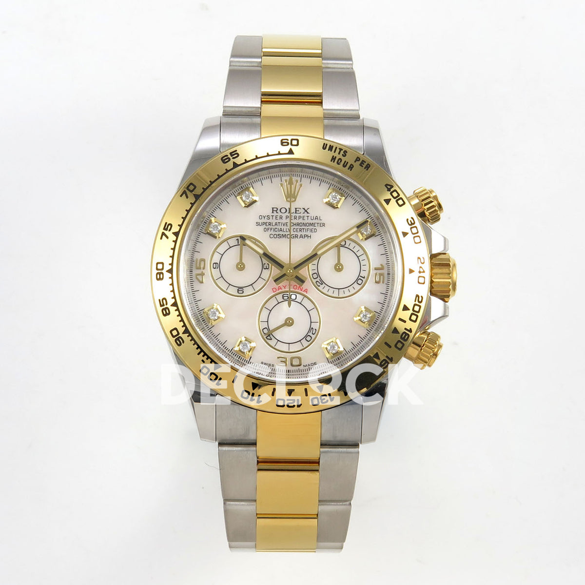 Rolex Daytona 116503 VF replica - front pearly white MOP-style dial with original clear gem markers,15/30/45 numerals, white counter centers and two-tone bracelet