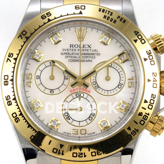 Rolex Daytona 116503 VF replica - original white mother-of-pearl-style dial, clear square gem markers in gold settings, gold numerals and black hand inlays