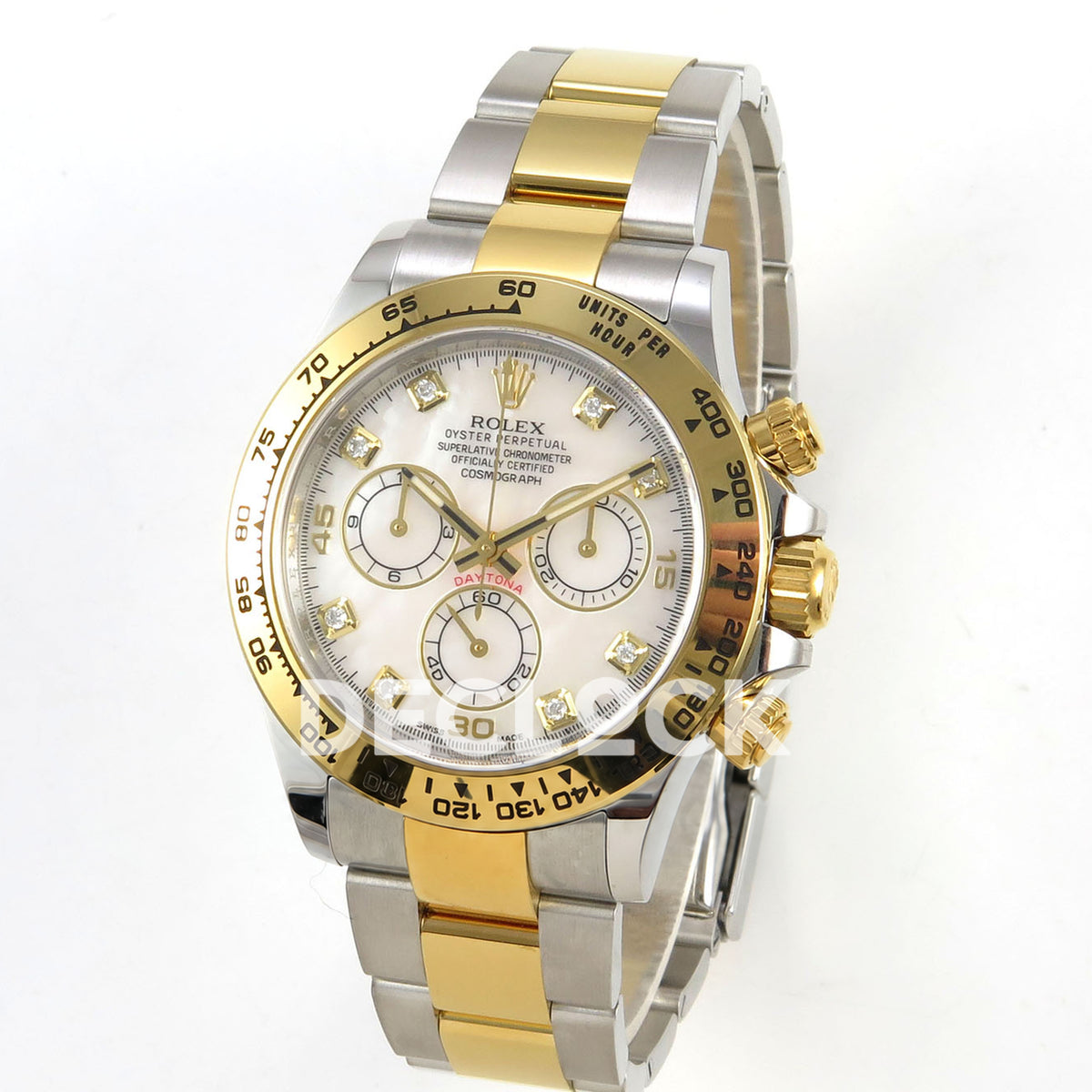 Rolex Daytona 116503 VF replica - original white mother-of-pearl-style dial, clear square gem markers in gold settings, gold numerals and black hand inlays