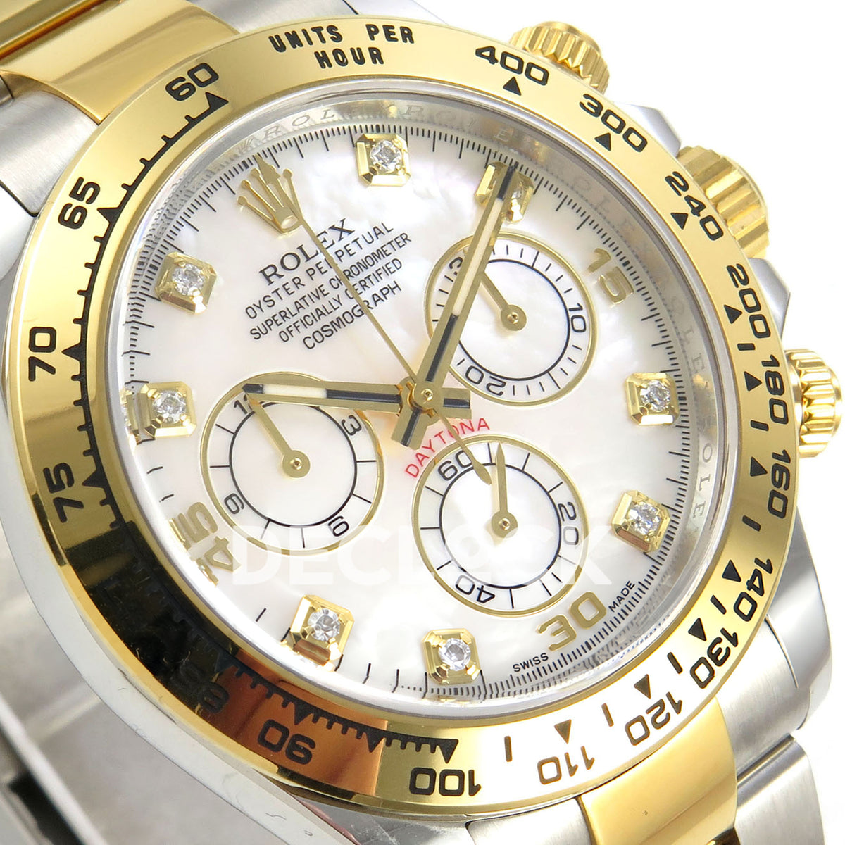 Rolex Daytona 116503 VF replica - original white mother-of-pearl-style dial, clear square gem markers in gold settings, gold numerals and black hand inlays