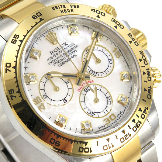 Rolex Daytona 116503 VF replica - original white mother-of-pearl-style dial, clear square gem markers in gold settings, gold numerals and black hand inlays