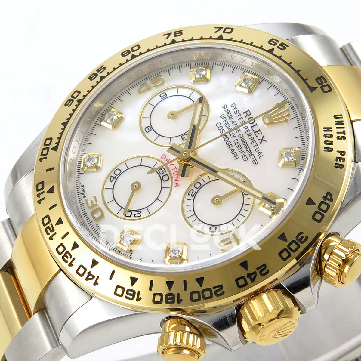 Rolex Daytona 116503 VF replica - original white mother-of-pearl-style dial, clear square gem markers in gold settings, gold numerals and black hand inlays