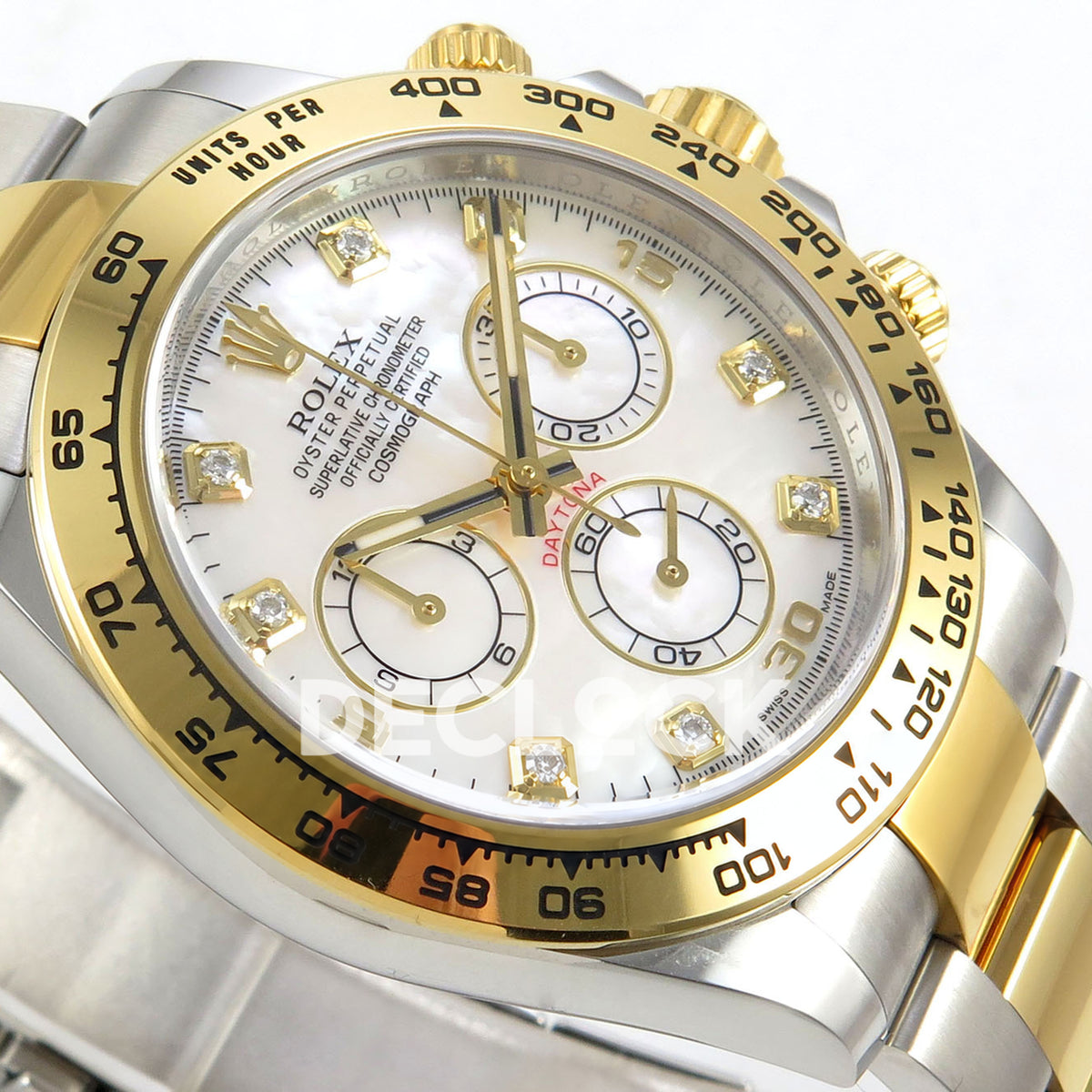 Rolex Daytona 116503 VF replica - original white mother-of-pearl-style dial, clear square gem markers in gold settings, gold numerals and black hand inlays