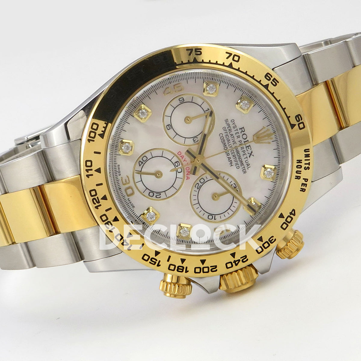 Rolex Daytona 116503 VF replica - original white mother-of-pearl-style dial, clear square gem markers in gold settings, gold numerals and black hand inlays