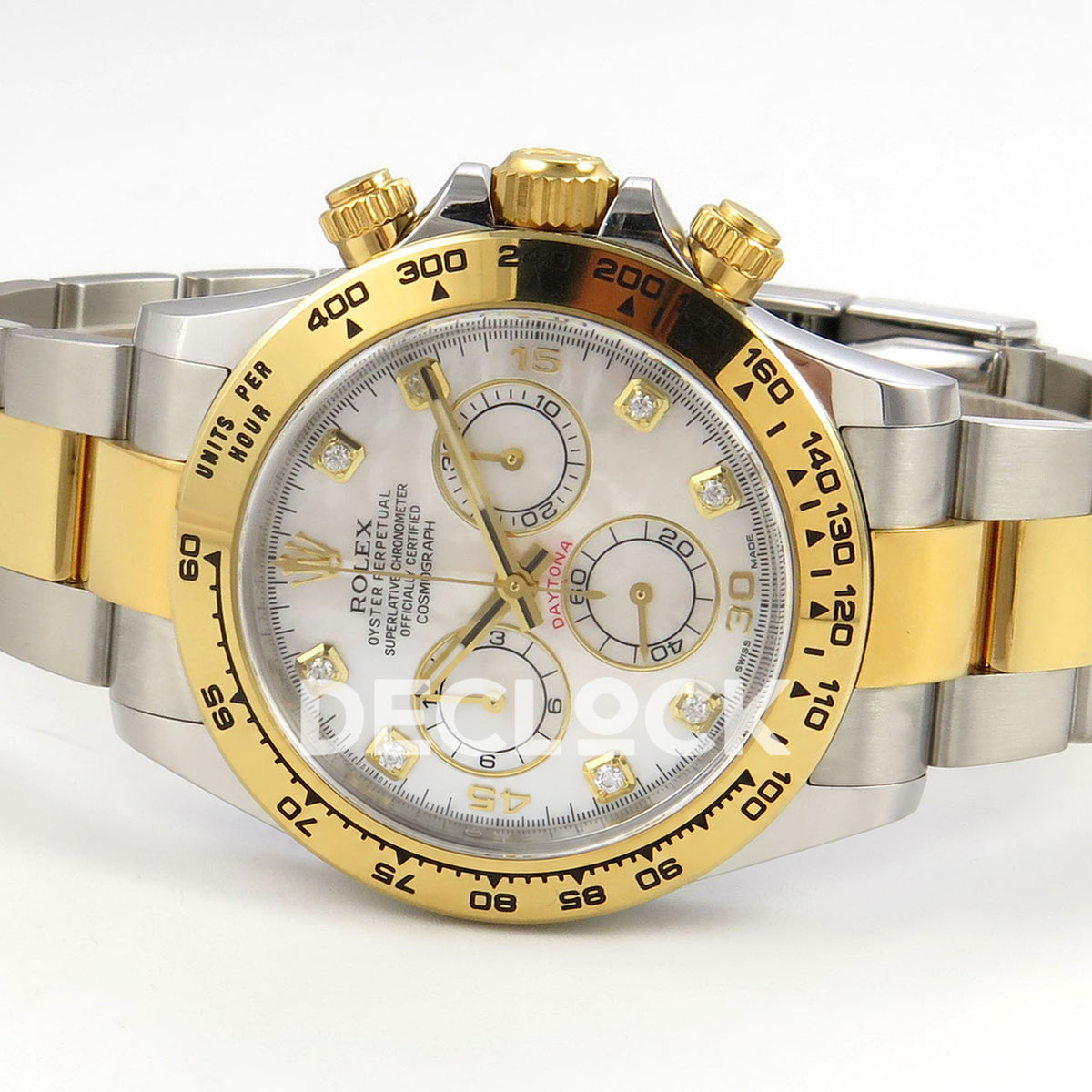 Rolex Daytona 116503 VF replica - original white mother-of-pearl-style dial, clear square gem markers in gold settings, gold numerals and black hand inlays