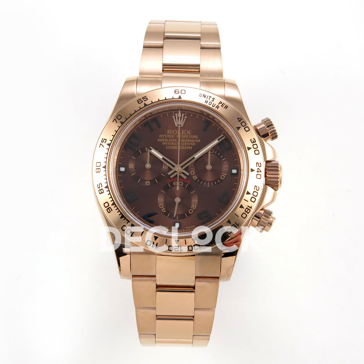 Rolex Daytona 116505 QF Gain Weight replica - front view of brown Arabic dial and rose-gold-finish bracelet