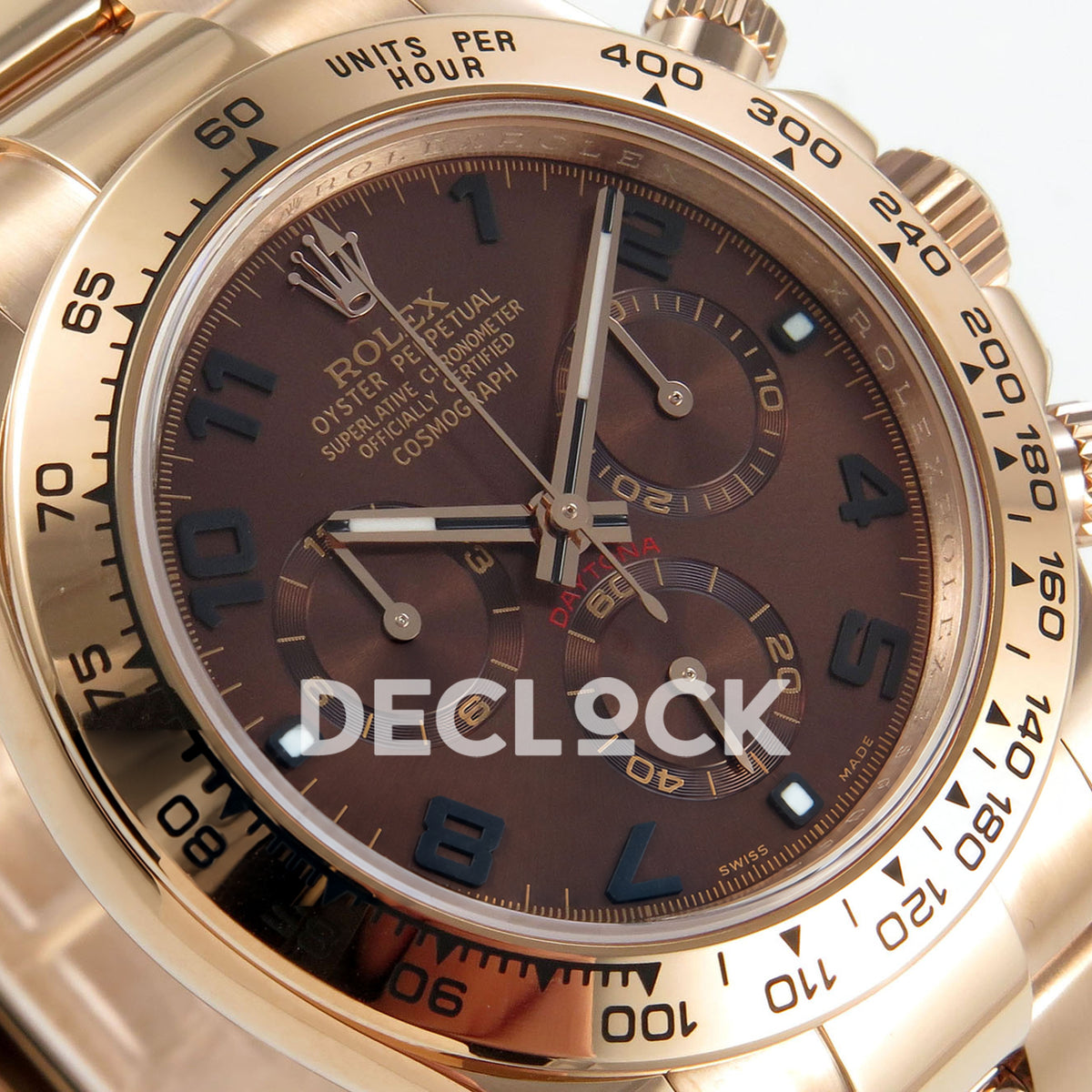 Rolex Daytona 116505 QF Gain Weight replica - angled brown Arabic dial and rose-gold-finish tachymeter bezel