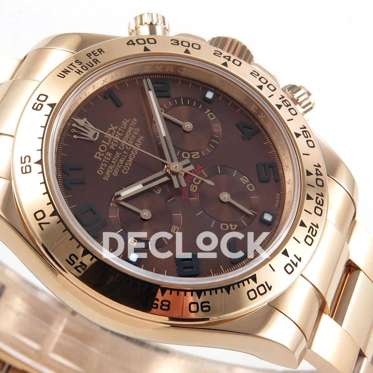 Rolex Daytona 116505 QF Gain Weight replica - opposite brown dial close-up with solid black Arabic numerals
