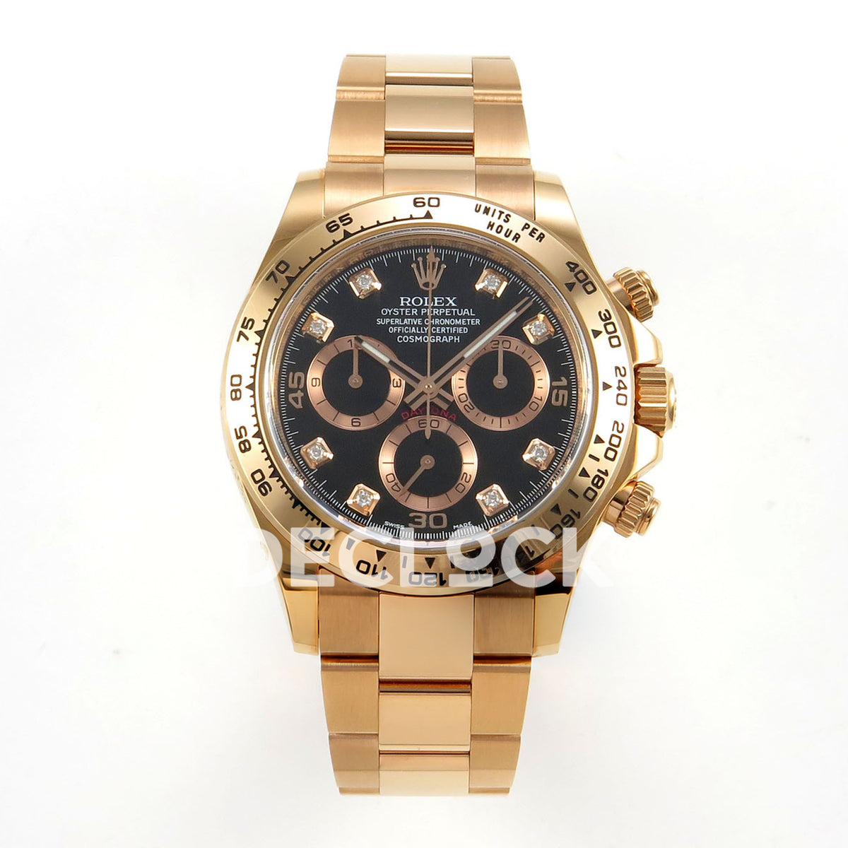 Rolex Daytona 116505 VF replica - front black dial with clear square gem-set markers,15 30 45 numerals,black counter centers and rose-gold-tone rings,metal tachymeter bezel and bracelet