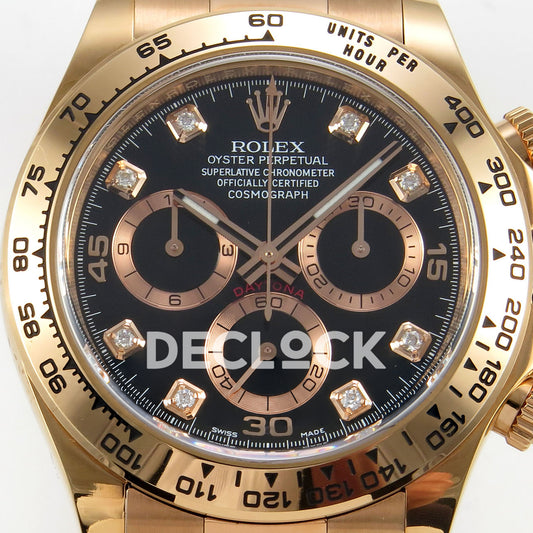 Rolex Daytona 116505 VF replica - original black gem dial, applied 15 30 45 numerals, rose-gold-tone rings and luminous hand inlays