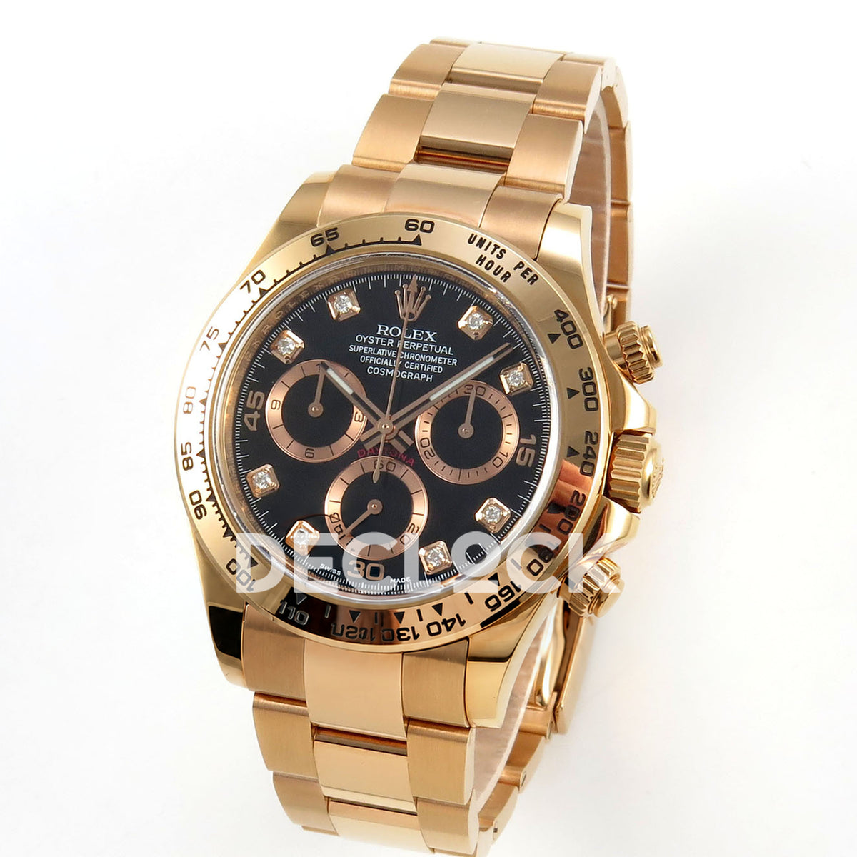 Rolex Daytona 116505 VF replica - original black gem dial, applied 15 30 45 numerals, rose-gold-tone rings and luminous hand inlays