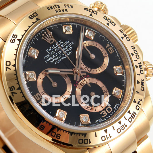 Rolex Daytona 116505 VF replica - original black gem dial, applied 15 30 45 numerals, rose-gold-tone rings and luminous hand inlays