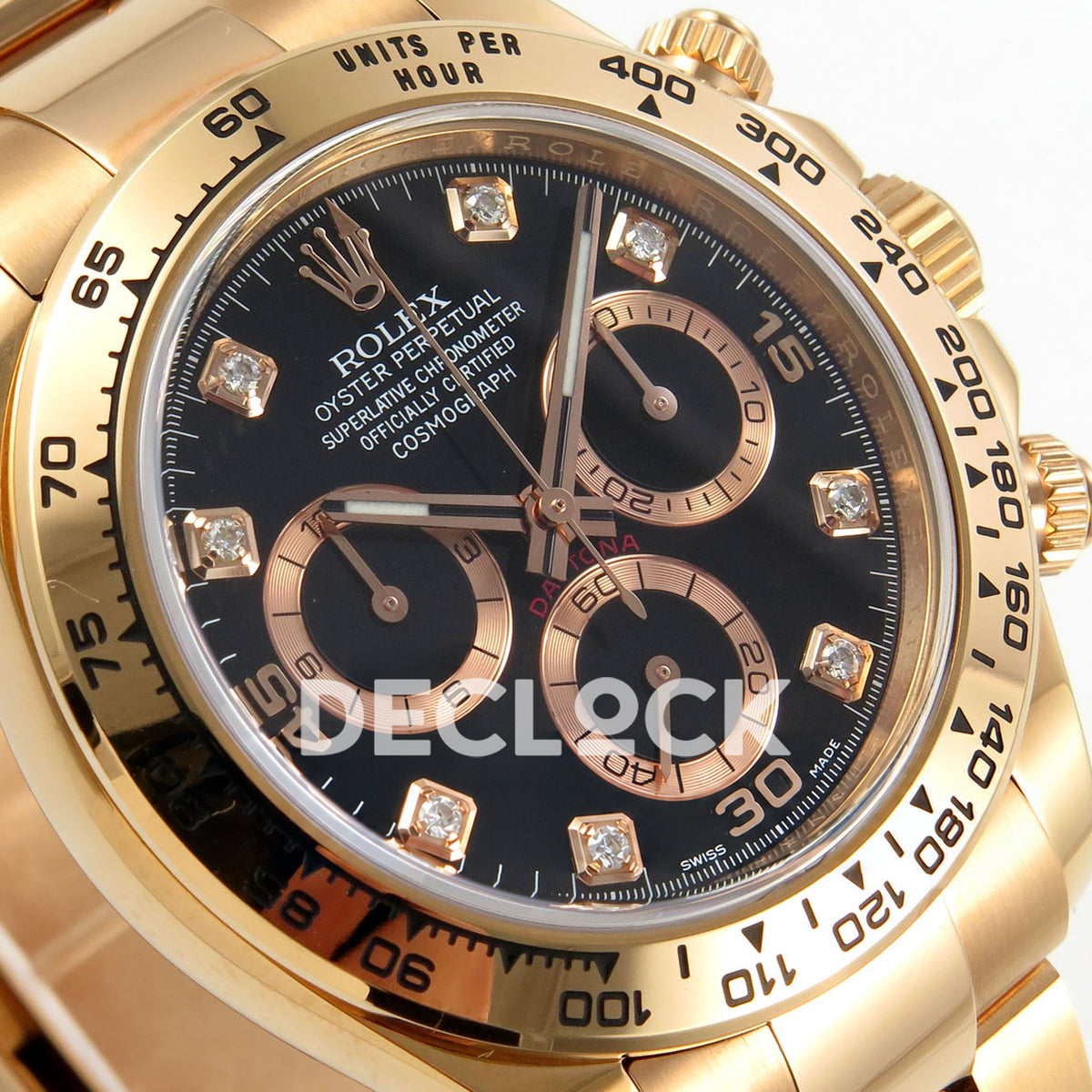 Rolex Daytona 116505 VF replica - original black gem dial, applied 15 30 45 numerals, rose-gold-tone rings and luminous hand inlays