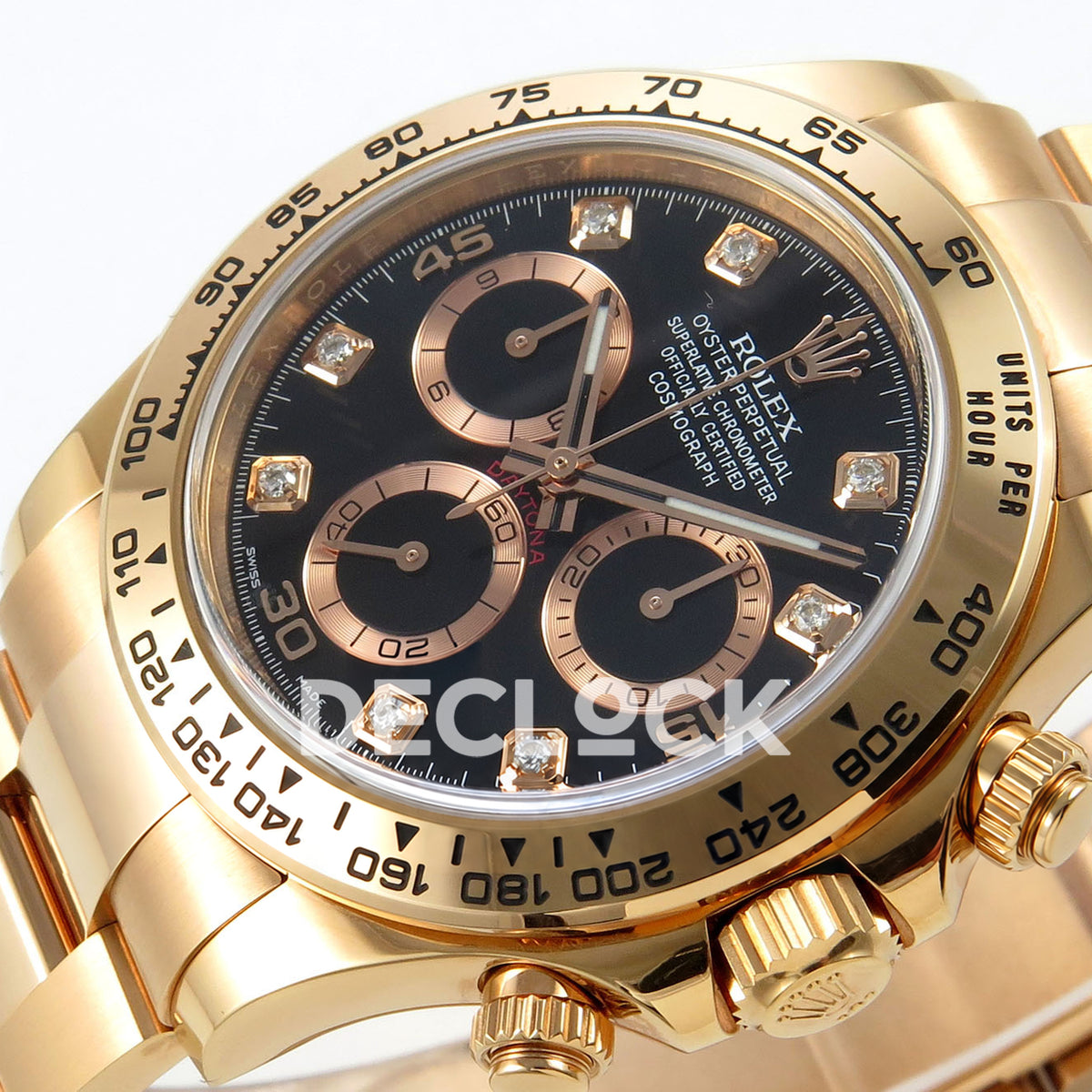 Rolex Daytona 116505 VF replica - original black gem dial, applied 15 30 45 numerals, rose-gold-tone rings and luminous hand inlays