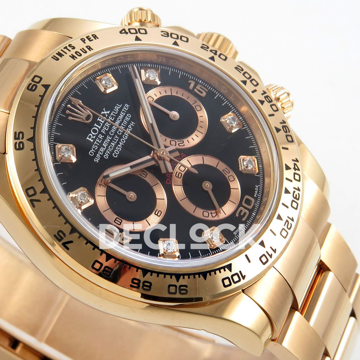 Rolex Daytona 116505 VF replica - original black gem dial, applied 15 30 45 numerals, rose-gold-tone rings and luminous hand inlays