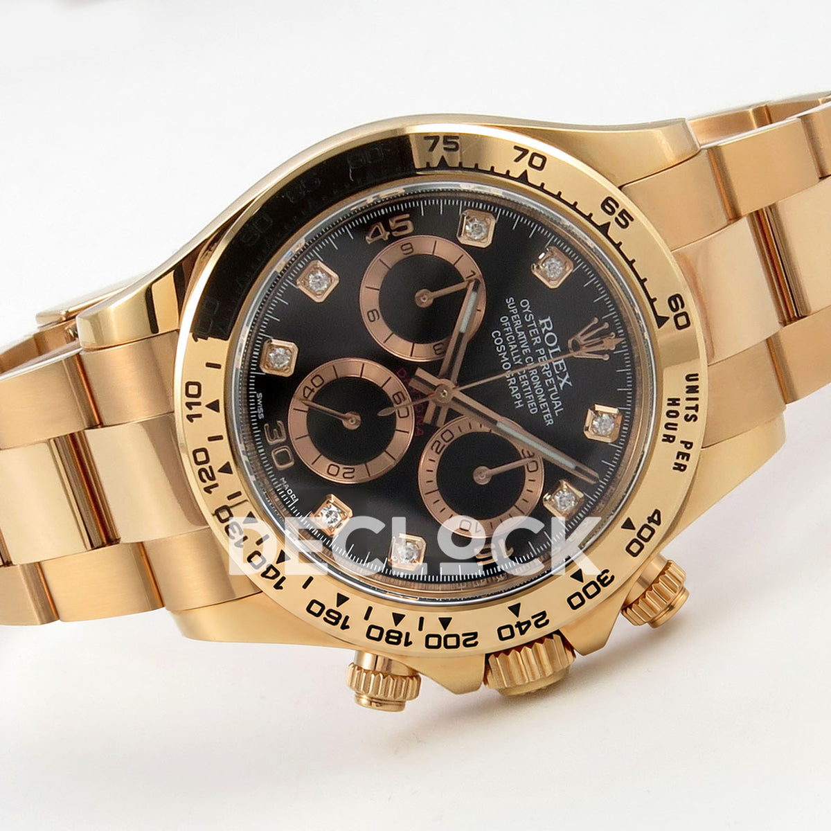 Rolex Daytona 116505 VF replica - original black gem dial, applied 15 30 45 numerals, rose-gold-tone rings and luminous hand inlays