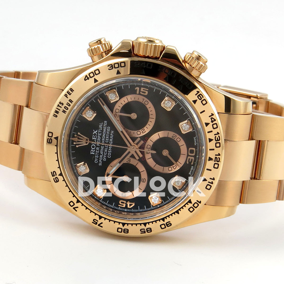 Rolex Daytona 116505 VF replica - original black gem dial, applied 15 30 45 numerals, rose-gold-tone rings and luminous hand inlays