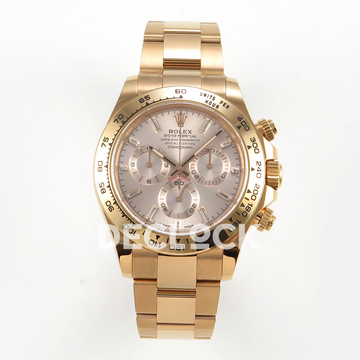 Rolex Daytona 116505 VF replica - front pale pink sunburst dial with original clear baguette markers, light pink-silver counter centers and warm gold-tone tachymeter bezel