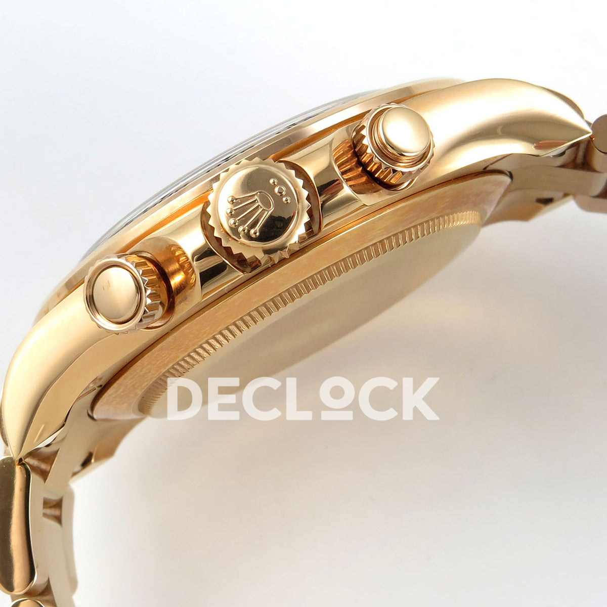 Rolex Daytona 116505 VF replica - original crown and screw-down pushers in warm gold-tone finish