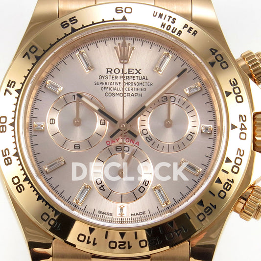 Rolex Daytona 116505 VF replica - original pale pink dial, clear baguette markers and chronograph counter details