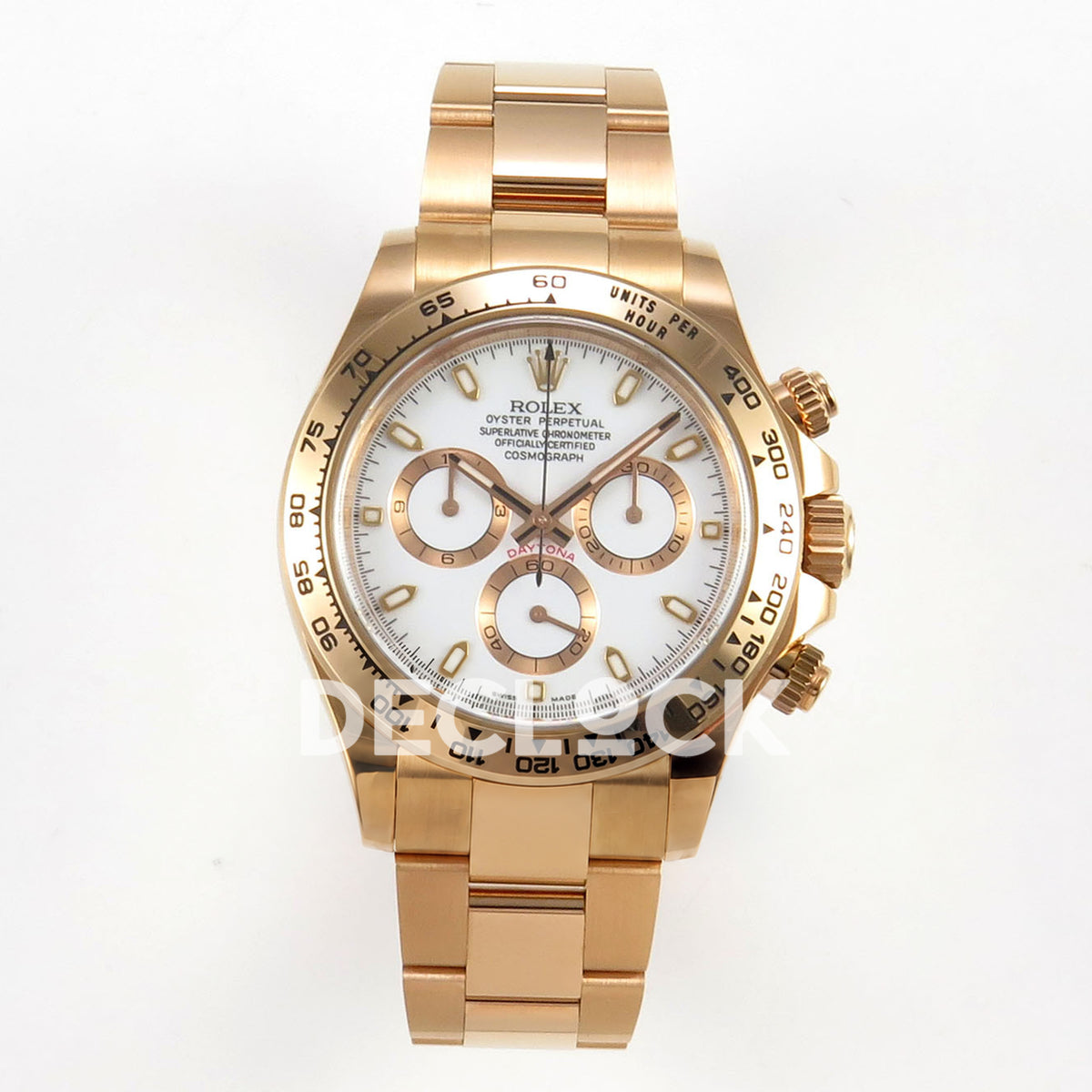 Rolex Daytona 116505 VF replica - front white dial with original luminous baton markers, white counter centers and broad rose-gold-tone counter rings, metal tachymeter bezel and matching bracelet