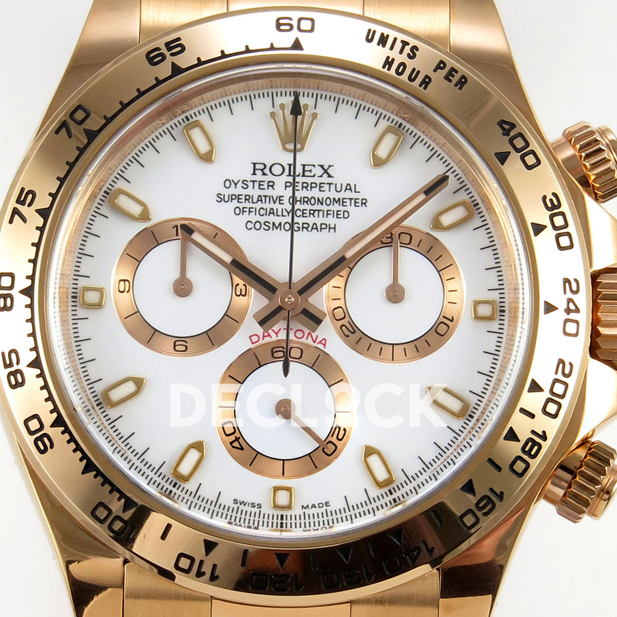 Rolex Daytona 116505 VF replica - original white baton dial, luminous markers, rose-gold-tone chronograph rings and black hand inlays