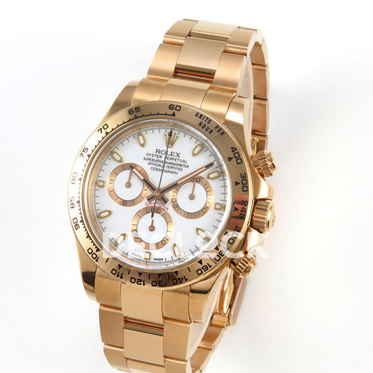 Rolex Daytona 116505 VF replica - original white baton dial, luminous markers, rose-gold-tone chronograph rings and black hand inlays