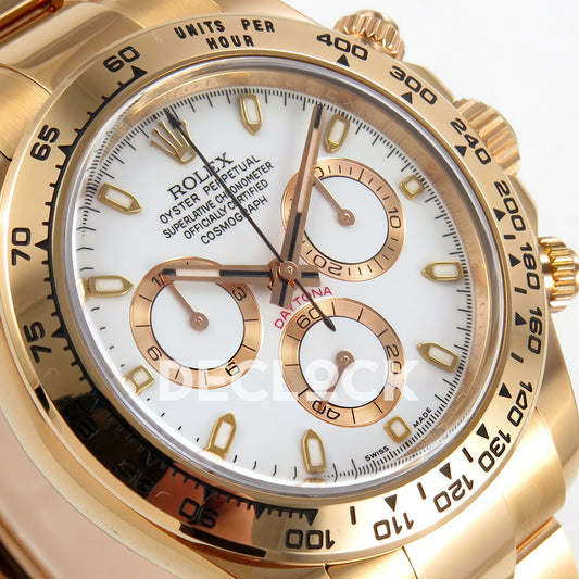 Rolex Daytona 116505 VF replica - original white baton dial, luminous markers, rose-gold-tone chronograph rings and black hand inlays
