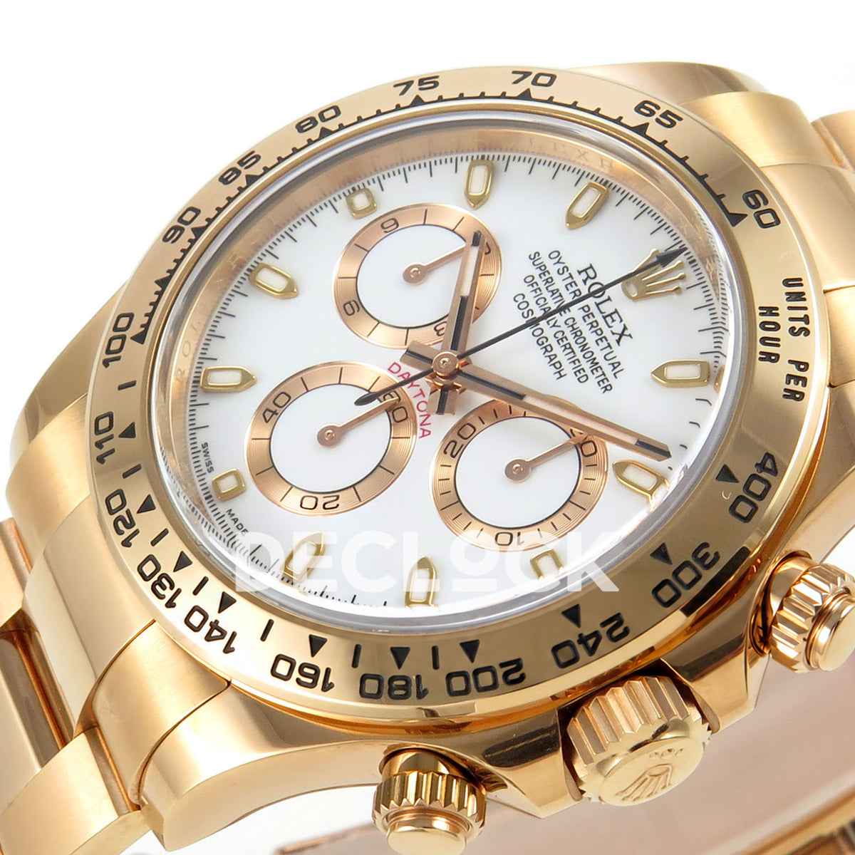 Rolex Daytona 116505 VF replica - original white baton dial, luminous markers, rose-gold-tone chronograph rings and black hand inlays
