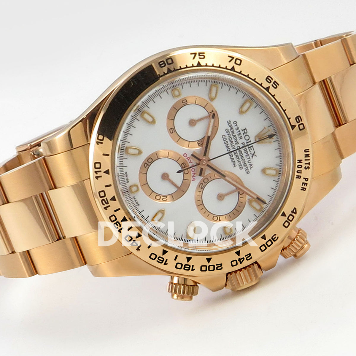 Rolex Daytona 116505 VF replica - original white baton dial, luminous markers, rose-gold-tone chronograph rings and black hand inlays