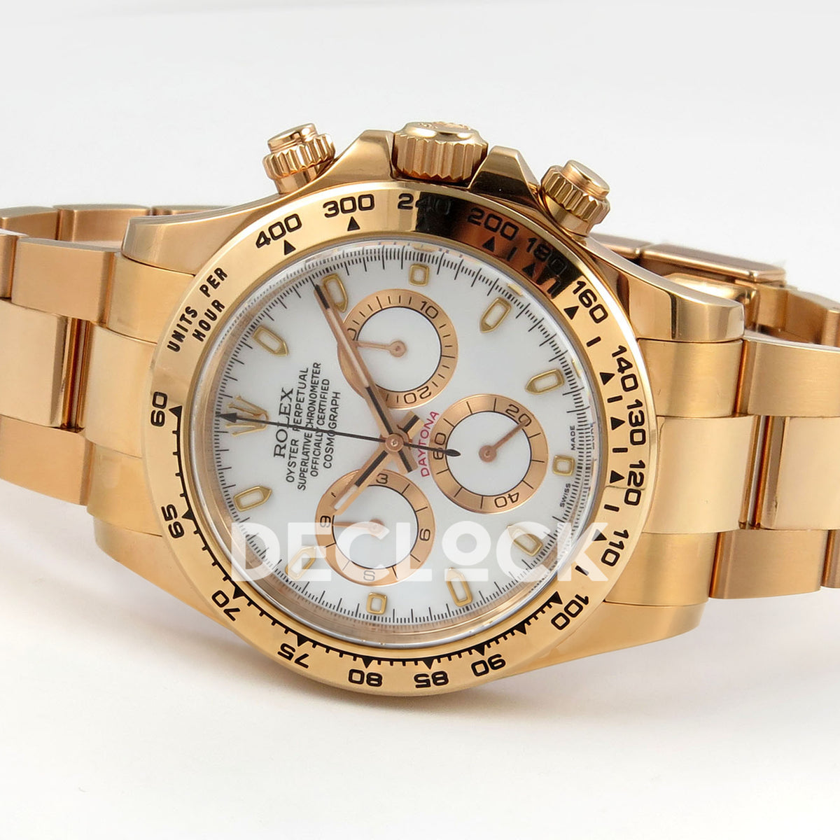 Rolex Daytona 116505 VF replica - original white baton dial, luminous markers, rose-gold-tone chronograph rings and black hand inlays