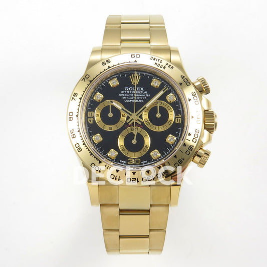 Rolex Daytona 116508 AVF replica - front black dial with clear square gem-set markers,15 30 45 numerals,black counter centers and yellow-gold-tone rings,metal tachymeter bezel and bracelet