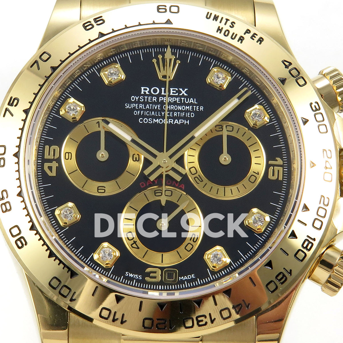 Rolex Daytona 116508 AVF replica - original black dial, gold numerals, clear square gem markers and gold chronograph rings