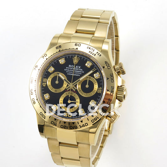 Rolex Daytona 116508 AVF replica - original black dial, gold numerals, clear square gem markers and gold chronograph rings