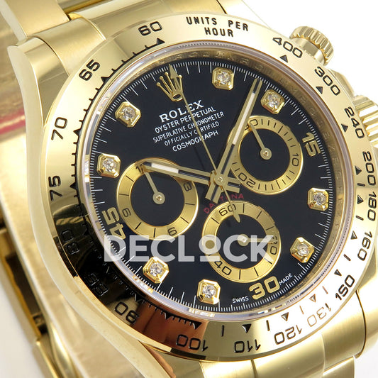 Rolex Daytona 116508 AVF replica - original black dial, gold numerals, clear square gem markers and gold chronograph rings