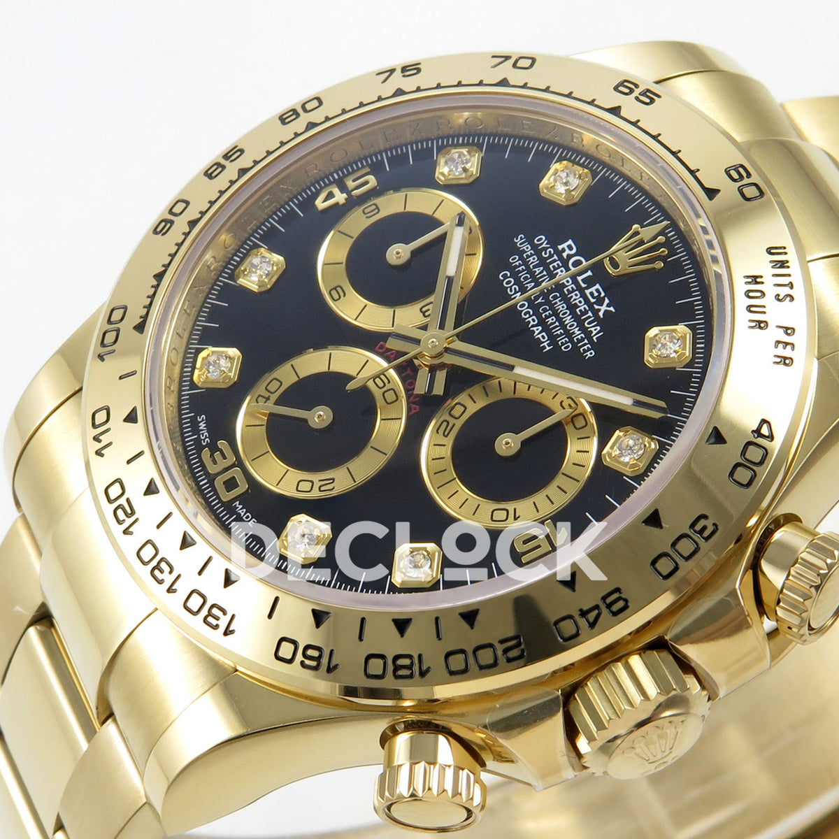 Rolex Daytona 116508 AVF replica - original black dial, gold numerals, clear square gem markers and gold chronograph rings