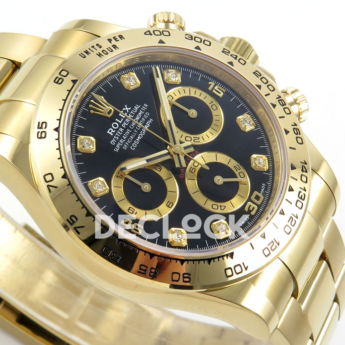 Rolex Daytona 116508 AVF replica - original black dial, gold numerals, clear square gem markers and gold chronograph rings