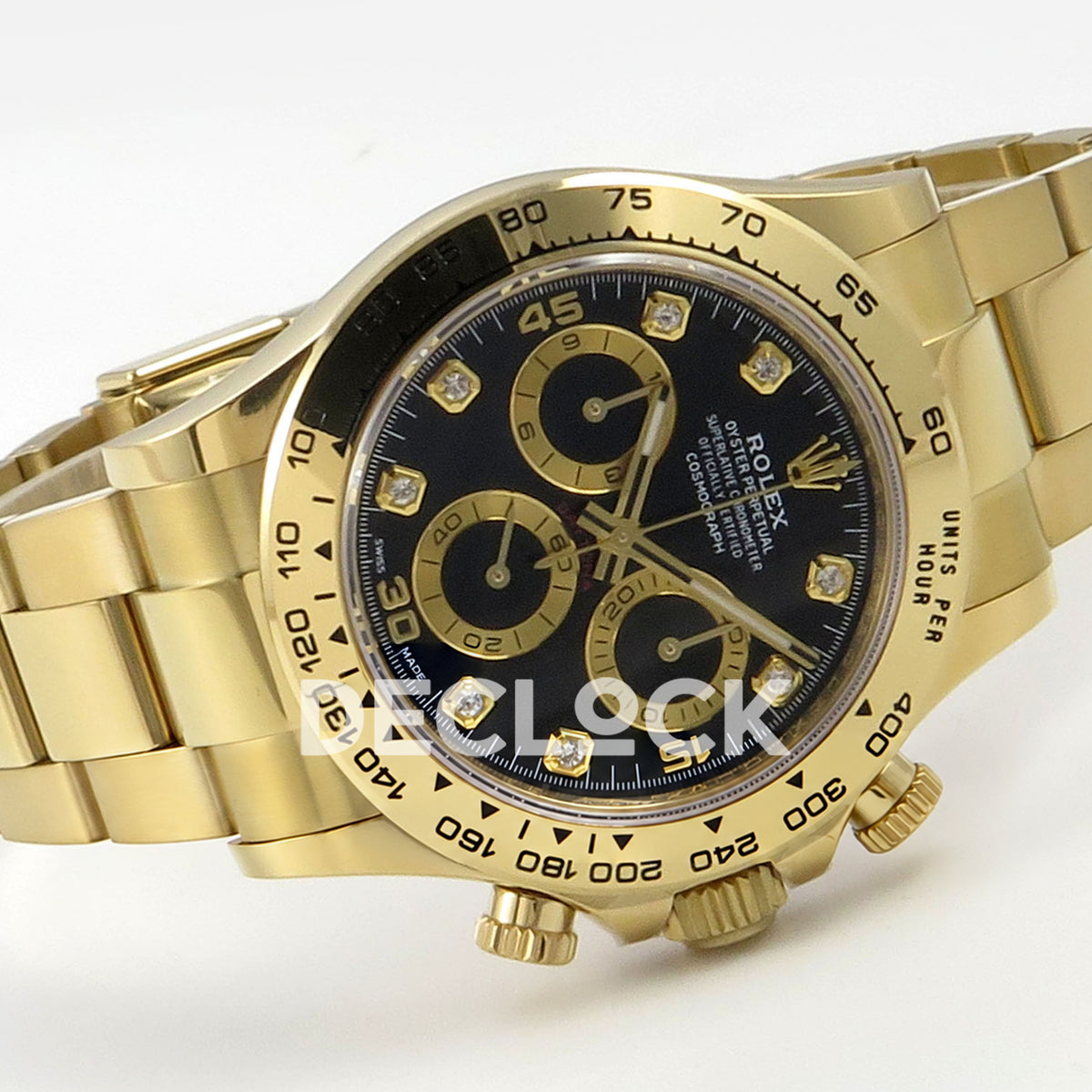 Rolex Daytona 116508 AVF replica - original black dial, gold numerals, clear square gem markers and gold chronograph rings