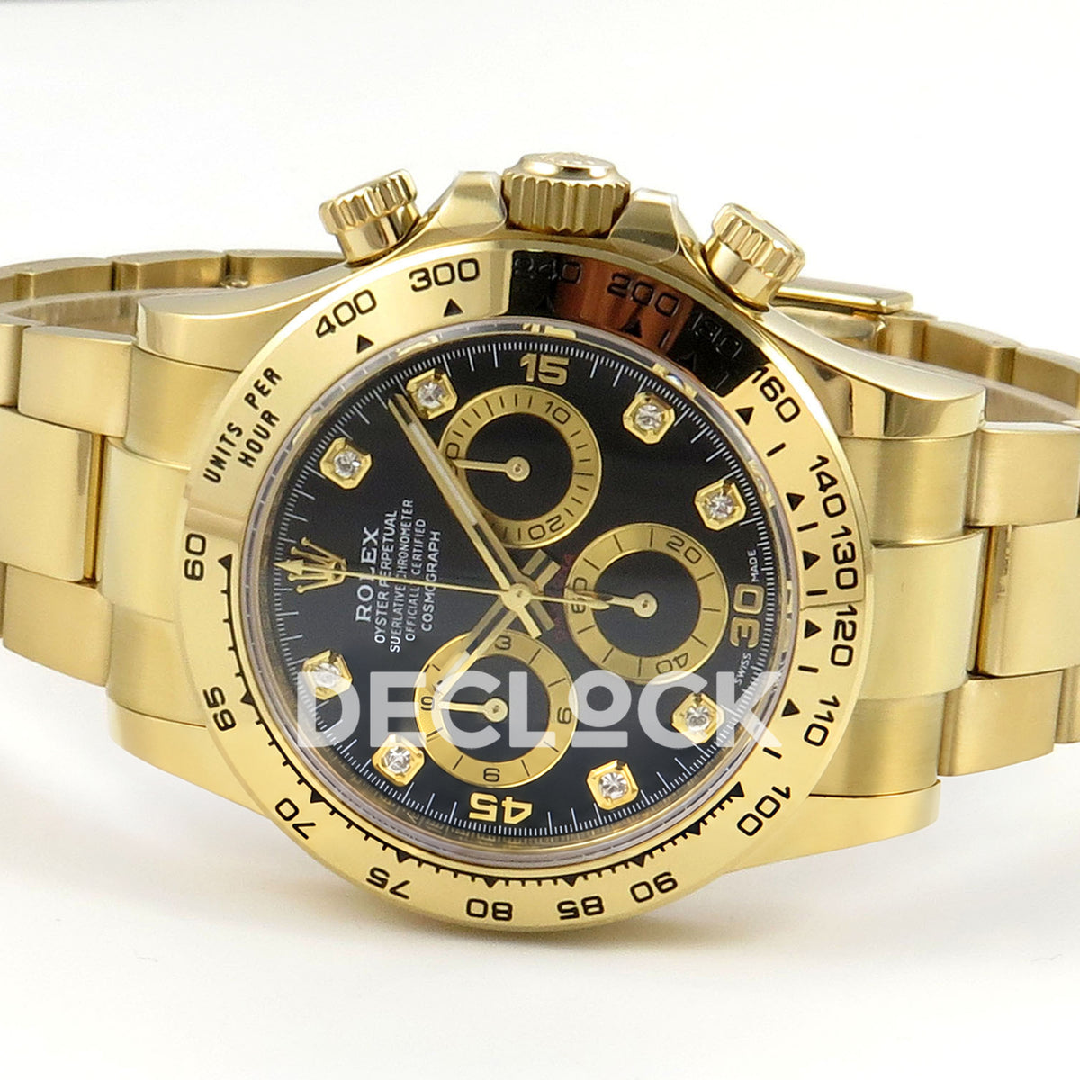 Rolex Daytona 116508 AVF replica - original black dial, gold numerals, clear square gem markers and gold chronograph rings