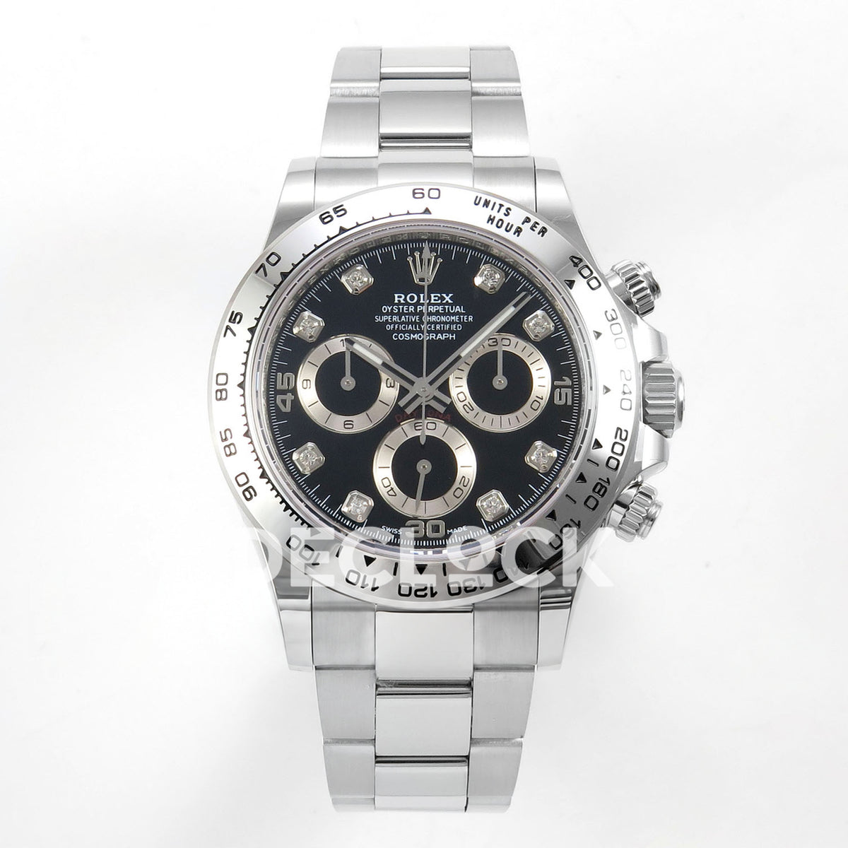 Rolex Daytona 116509 AVF replica - front black dial with clear square gem-set markers,15 30 45 numerals,black counter centers and silver-tone rings,metal tachymeter bezel and bracelet